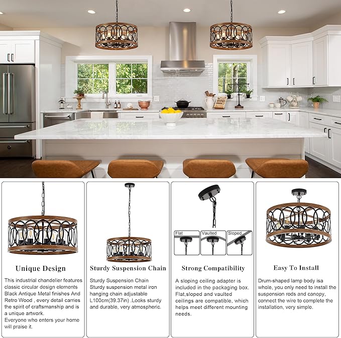 8-Light Farmhouse Drum Pendant Light,19.68'' Nature Wood Texture Vintage Rustic Chandeliers Black Metal Industrial Hanging Light Fixtures for Entryway, Bedroom Dining Room