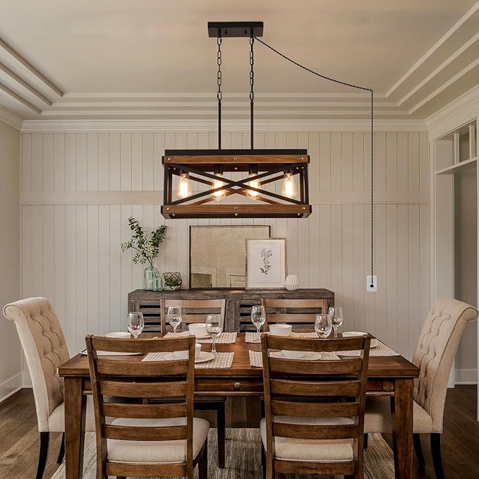 Rustic Farmhouse Plug in Kitchen Island Lighting, 4 Lights Rectangular Pendant Light Fixture with Adjustable Chain, Dimmable Switch, Oak Wood and Metal Linear Chandelier for Dining Room Home, Black