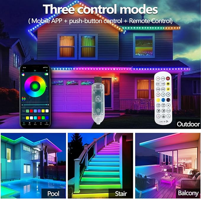 50FT Ws2812 RGB+IC LED Strip Lights IP68 Outdoor Waterproof, 5V USB Powered, Music Sync Bluetooth APP/RF Remote Control Lights for Balcony,Deck,Camping,Garden,Bedroom Decor