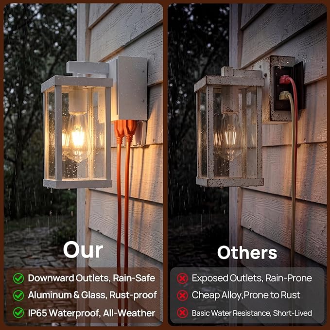 Dusk to Dawn Porch Lights with GFCI Outlets Waterproof Outdoor Wall Lights Exterior Lighting Fixtures Modern Outside Lights Wall Mount for House Patio Garage,White,11.8''H,1PC