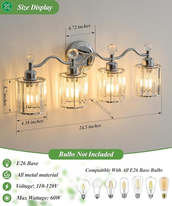 Chrome Bathroom Vanity Light, Modern Crystal Bathroom Ligth Fixture, 4 Light Vanity Lights, Light Fixtures Above Mirror, Wall Lamp for Mirror Living Room Cabinet Bedroom Porch