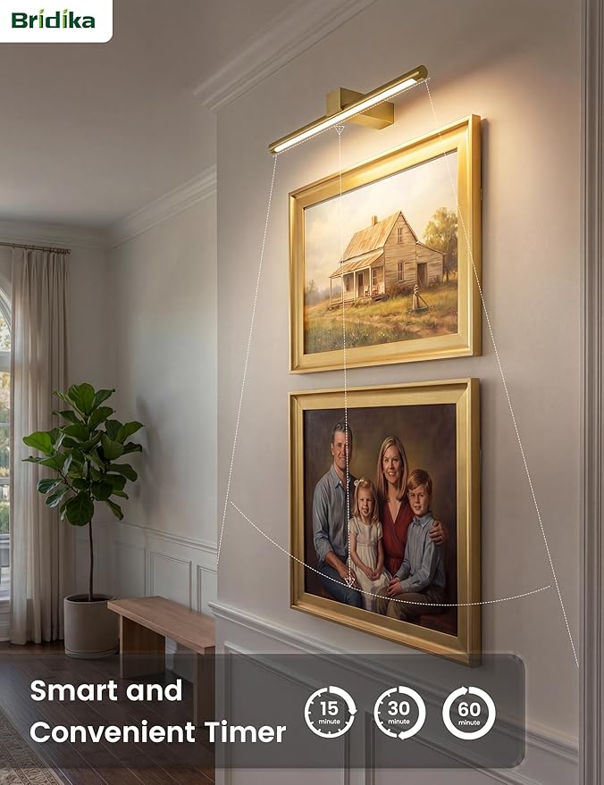 Metal Picture Light for Wall, Battery Operated Art Lighting for Paintings, Wireless Wall Lights for Picture with Remote&Timer, 3 Color Temperatures Dimmable Gallery Light for Artwork Portrait Gold 2