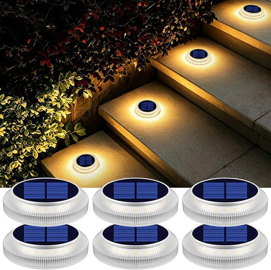 YiLaie Solar Dock Lights Outdoor Waterproof Stick on Deck Step Lights for Outside Solar Powered Driveway Marker Flat Stair Concrete Ground Walkways Pathway Sidewalk Auto On/Off (Warm White, 6 Pack)