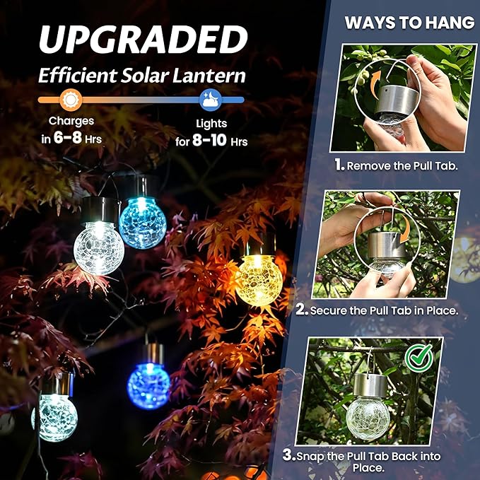 GIGALUMI Solar Lights Outdoor Waterproof, 8 Pack Solar Hanging Lights Garden Decor, Gifts for Women, Solar Outdoor Lantern Waterproof Cracked Glass for Yard, Fence, Tree(Cold White)