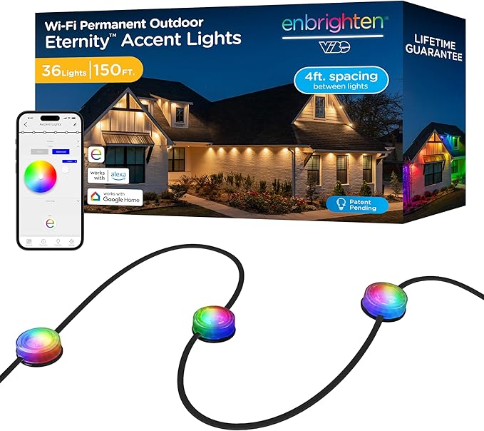 Enbrighten Vibe Eternity Accent Permanent Outdoor Lights for House, 150ft, 36 RGBWIC LEDs, Wide Spacing, 94lm, Tunable White, Everyday Eave Lighting, Smart App, Works with Alexa, Google Home, 85716