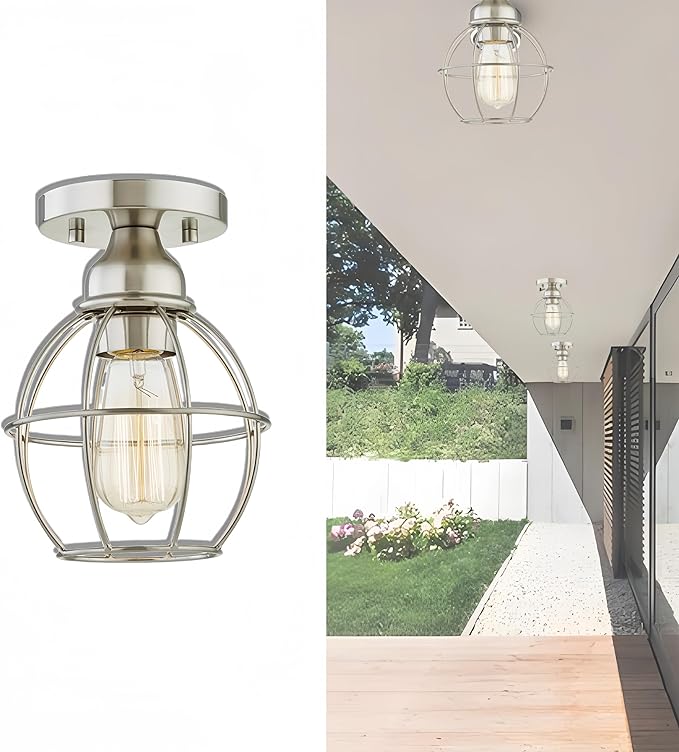 WISBEAM Brushed Nickel Semi Flush Mount Ceiling Light Fixture, Small Cage Ceiling Light E26 Medium Base MAX 60W, Metal Housing, ETL Rated, Bulbs NOT Included, 1-Pack