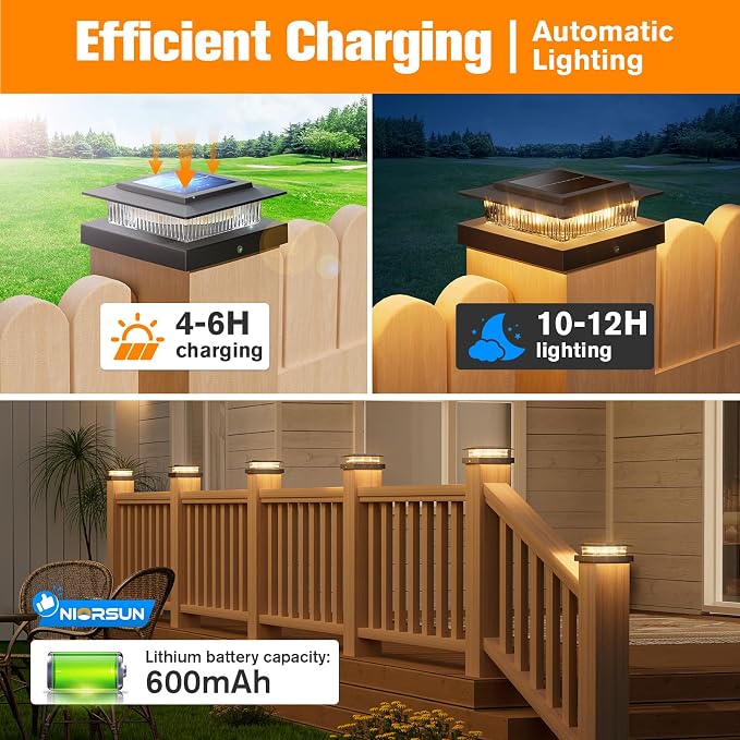 NIORSUN Solar Post Cap Lights Outdoor Waterproof, 4x4 Post Solar Lights 2 Color Modes, Fence Posts Solars Light for Deck Patio Garden Decoration, 4x4 Posts Caps Wood Vinyl, 6 Pack (Black)