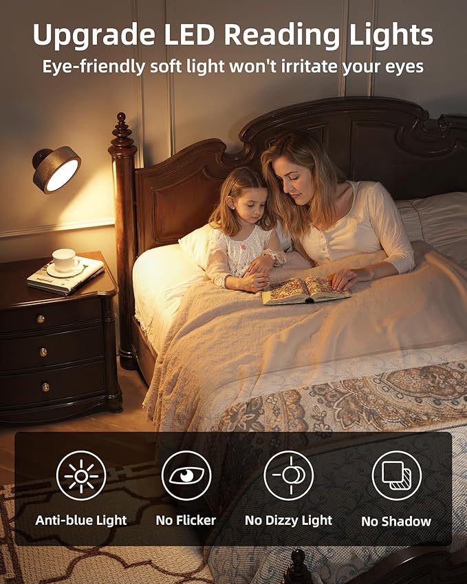 EZVALO LED Wall Mounted Light, 3000mAh Rechargeable Cordless Wall Sconce, Dimmable with Remote & Touch Control, 3 Color Temps, 360° Rotatable for Bedroom, Bedside, Reading(Walnut, 3Pack)