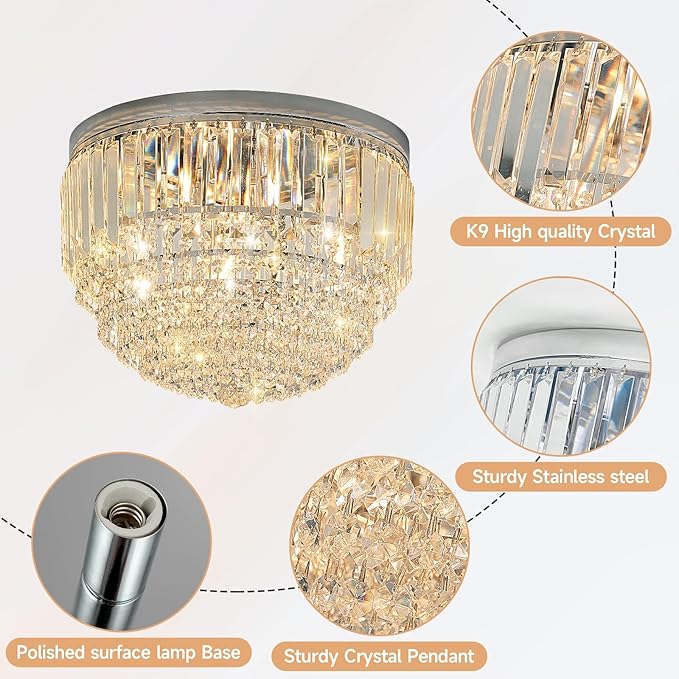 YMP&YZX 5-Lights Crystal Chandelier,15.7" Modern Ceiling Light Fixture Lamp,Flush Mount Round Metal Shade Chandelier E12 Base for Dining Room Living Room Bathroom Bedroom Chrome