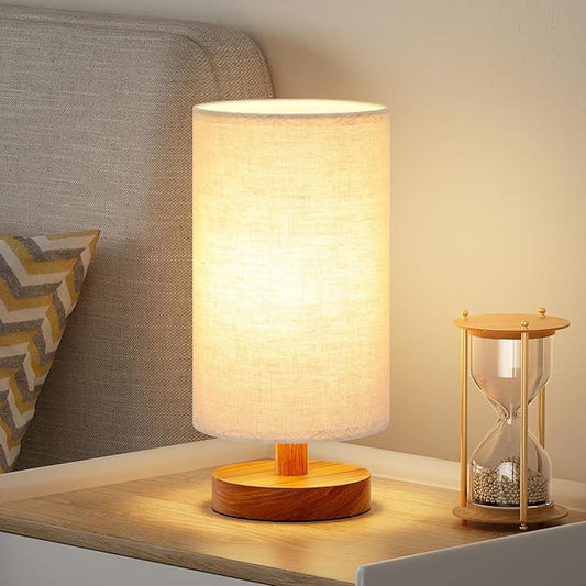 Fenmzee Small Table Lamp for Bedroom - Inline Control, Bedside Lamp with 3000K A15 LED Blub, Easy Assembly (Beige Shade - Walnut Base, 9" Inline Control)