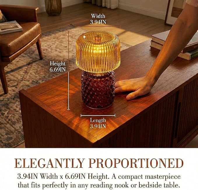 Battery Operated Table Lamp with Timer, Cordless Glass LED Night Light, Decorative Small Lamp for Bedroom Nightstand Living Room Entryway Stairway