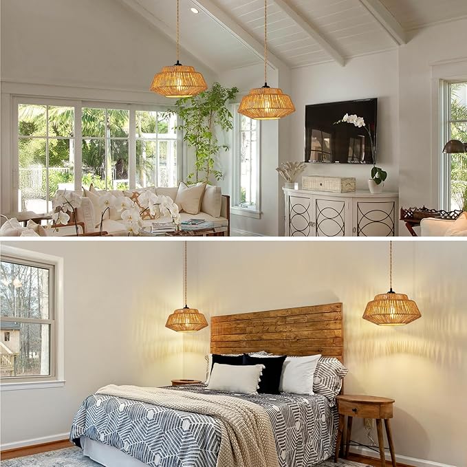 Epinl Hanging Lamp Plug in Pendant Light - Boho Hanging Light 11.8 inch Rattan Pendant Lights for Ceiling Dimmable Hanging Lamps for Living Room Bedroom Kitchen Farmhouse with 23ft Cord