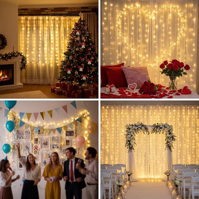 195 LED Curtain String Lights,6.5 x 5 ft Battery Operated USB Powered light with 8 Modes Dimmable Timer,Copper Tapestry Twinkle Fairy Lights for Christmas Bedroom Backdrop Wedding Indoor Outdoor Decor