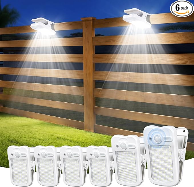 Clip on Solar Lights for Fence, 3 Modes Solar Motion Lights Outdoor Waterproof, 60LEDs 500LM Portable Security Light for Fence, Deck, Garage, Camping, USB Charging, 6 White