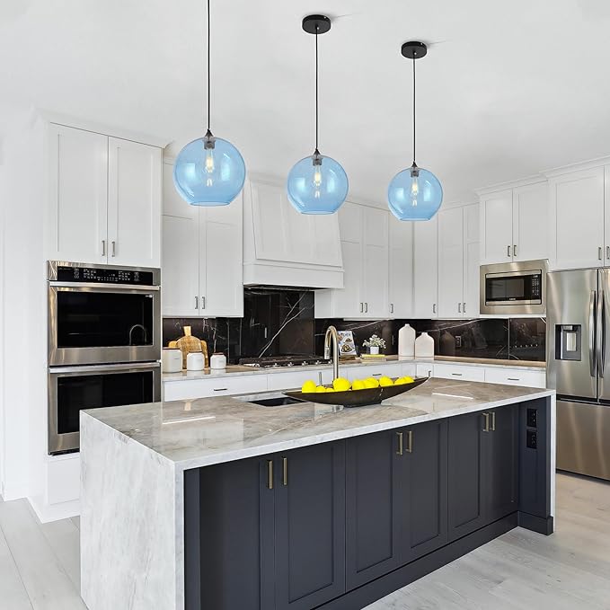 Blue Glass Pendant Lights Kitchen Island Lighting Modern Globe Pendant Light Fixtures Modern Pendant Lights for Kitchen Island Bedroom Living Dining Room Light Fixture-11.8in 2Pack