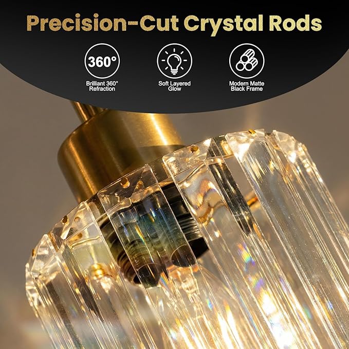 3-Pack Gold Crystal Pendant Lights for Kitchen Island, Adjustable Modern Hanging Light Fixtures for Flat or Sloped Ceiling, E26 Mini Pendant Lights with Crystal Glass Shade for Dining Room Bar