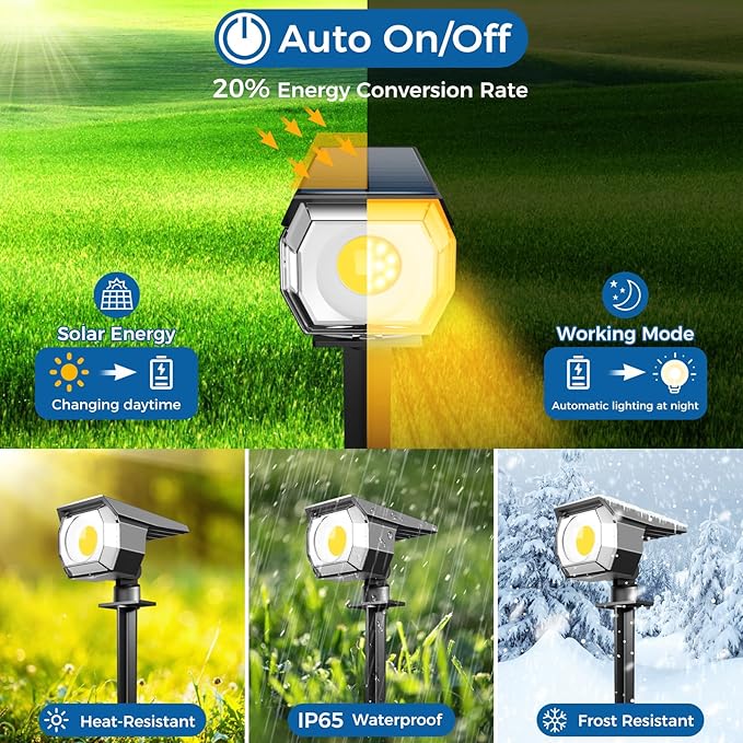 Peasur 10 Pack Solar Lights Outdoor, Spotlights Outdoor Waterproof 3 Modes, 2-in-1 Auto On/Off Solar Spot Landscape Lighting Outside for Tree Plants Yard Garden Pathway, Warm White