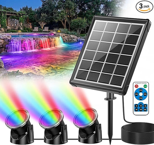 POPOSOAP 4W Solar Pond Lights with Remote Control, RGB Multi-Color Underwater Solar Lights with Timer & Memory Function for Pond, Fountain, Pool, Garden, Aquarium(3 Headlamp)-P64WC