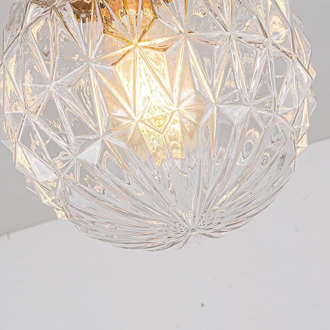 EDISLIVE 7.5" Glass Semi Flush Mount Ceiling Light Vintage Globe Ceiling Lamp with Clear Plaid Glass for Hallyway Foyer Bedroom Dinning Room Gold