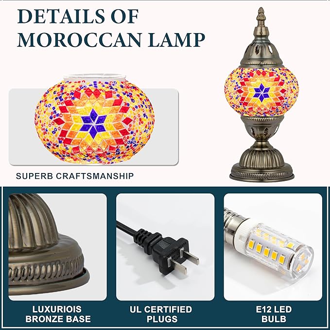 Marrakech Tiffany Lamp Turkish Table Lamps with Vintage Style, Handmade Moroccan Mosaic Lamp with Bronze Base Including LED Bulb for Living Room Bedroom Decor (Orange)