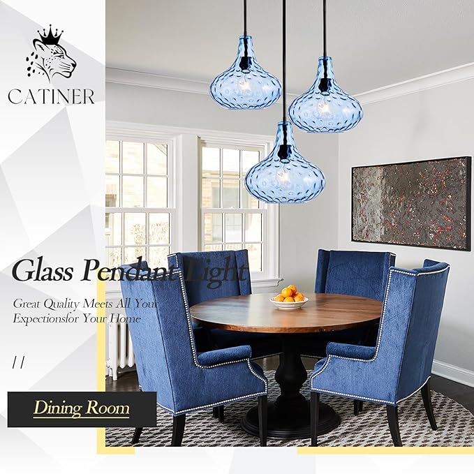 CATINER 11" Hand-Blown Blue Glass Pendant Light, Modern Hammered Glass Hanging Light Fixture with Black Finish, Adjustable Ceiling Pendant Lighting for Kitchen Island, Dining Room, Living Room