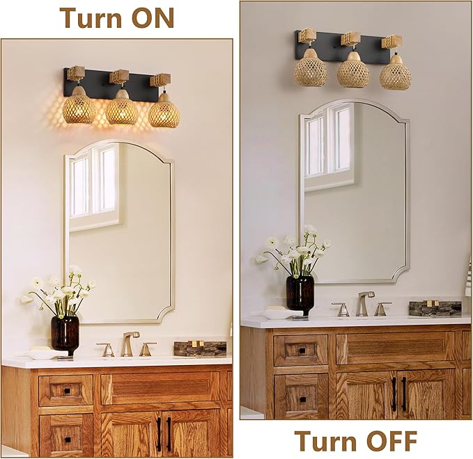 LmnLvn Farmhouse Bathroom Light Fixture, 3-Light Boho Vanity Light, Bamboo Bathroom Light Fixture Over Mirror Rustic Vanity Lighting with Handmade Bamboo Shades, Suit for Restroom, Bedroom, Hallway