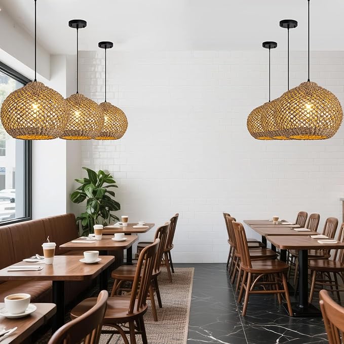 Farmhouse Rattan Pendant Lights 13.8" Wicker Hand-Woven Chandelier Rustic Round Seagrass Hanging Light Fixture for Kitchen Island Bedroom Hallway Entry Living Room Dining Coffee Bar