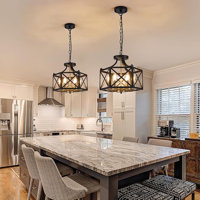 6-Light Black and Brushed Gold Pendant Light, Modern Farmhouse Chandeliers for Dining Room, Adjustable Metal Cage Hanging Light, Vintage Geometric Pendant Lighting for Kitchen Entryway Foyer