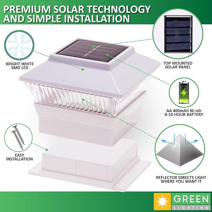 GreenLighting Standard #1 Solar Post Cap Lights Fits 4x4 Nominal Wood, 4x4 PCV/Vinyl Posts, Outdoor Fence Solar Powered Light, Landscaping, Deck, Garden, Includes Flush Mount Adapter White 8 Pack