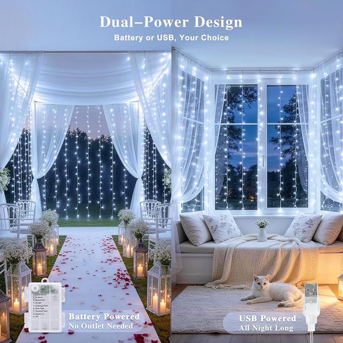 JMEXSUSS 200 LED Fairy Curtain Lights Battery Operated & USB Plug in - Remote Curtain String Lights for Bedroom with 8 Modes, Waterproof Window Lights Outdoor for Backdrop Wedding Party Decor, White