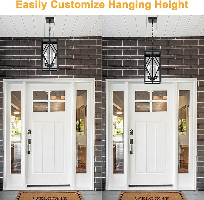 3 Lights Outdoor Pendant Light for Porch, Black & White Exterior Hanging Light Fixture with Clear Glass, Industrial Metal Cage Outside Chandelier Pendant for Porch Entryway Front Door Doorway