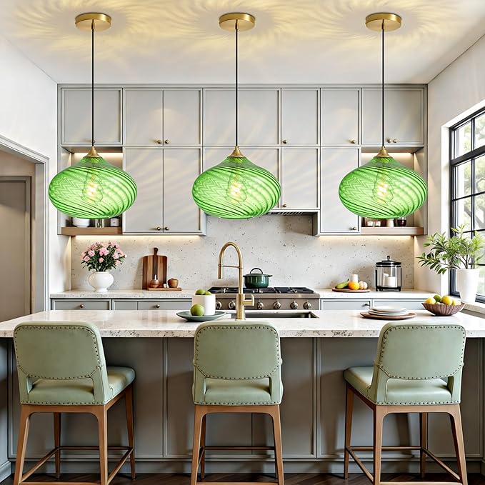Glass Pendant Lights Kitchen Island, Gold Pendant Lighting Fixtures, Modern Hanging Ceiling Light with 11'' Striped Green Glass Shade for Farmhouse Dining Room Bedroom Hallway(1 Pack)