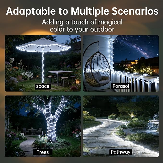 Solar Rope Lights for Outside, 2 Packs Total 132ft 400 LED Solar String Lights with 8 Modes, Waterproof Solar Outdoor Light for Patio Garden Party Tree Porch Pool Holiday Xmas Decor- White