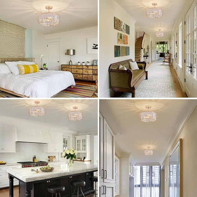 16 Inch Semi Flush Mount Crystal Ceiling Light, 3-Light Metal Cage Hallway Ceiling Lamps, Farmhouse Ceiling Light Fixture, Industrial Crystal Chandelier for Corridor Bathroom Kitchen (Gold, 16 Inch)