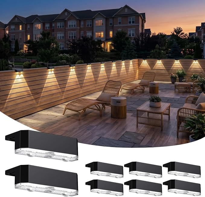 Peasur 8 Pack Solar Fence Lights Outdoor, Railing Light Solar Powered, IP65 Waterproof Led Deck Solar Lights for Outside Backyard Balcony Porch, Warm White