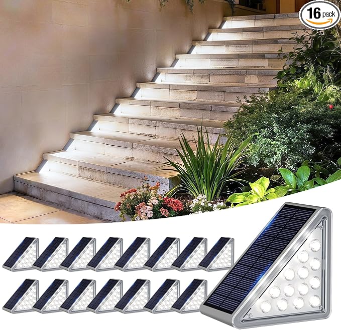 JEJOT Solar Step Lights Outdoor Waterproof IP65,Cool White Solar Stair Lights, Outdoor Light Decor for Stair, Deck, Step, Porch and Outside Patio, 16 Pack