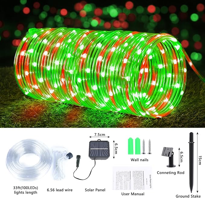 Solar Rope Lights, 33ft 100LED Solar String Lights, 8 Modes Waterproof Solar Outdoor Light, Flexible Clear Trampoline Light for Garden Backyard Patio Deck Porch Pool Tree Decoration - Red & Green