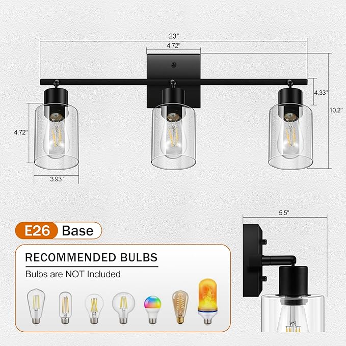 Track Lighting Fixtures Ceiling, 3-Light Track Light with Clear Glass Shade, 23" Modern Kitchen Lighting Ceiling with Rotatable Track Head, Black Wall Light for Vanity Hallway Bedroom(E26, No Bulb)