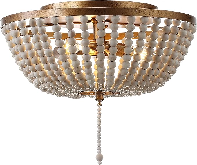 JONATHAN Y 15" Antique Gold/Cream Allison 3-Light LED Flush Mount Ceiling Light for Bedroom, Wood Beaded Shade Shabby Chic Farmhouse Rustic Decor, LED Bulbs Included (JYL9019A)