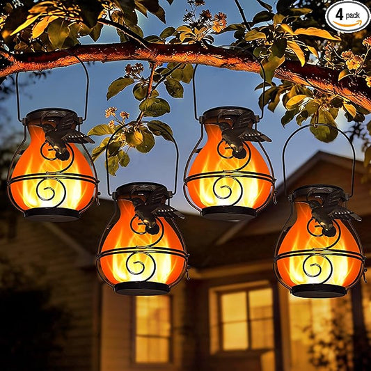 Solar Lanterns Outdoor Waterproof Hummingbird Hanging Solar Lantern Outdoor Garden Decoration Gifts for Mom Grandma Flickering Flame Lights 4 Packs