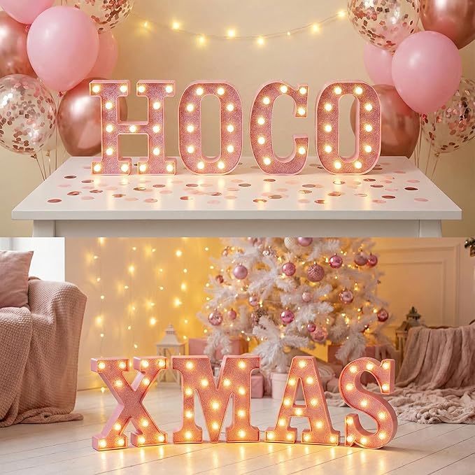 Pink Marquee Light Up Letters, Glitter Alphabet LED Letter Lights for Pink Birthday Party Decorations, Battery Operated Letter Sign for Girls Room Vanity Table Decor, Warm White Lights Letter F