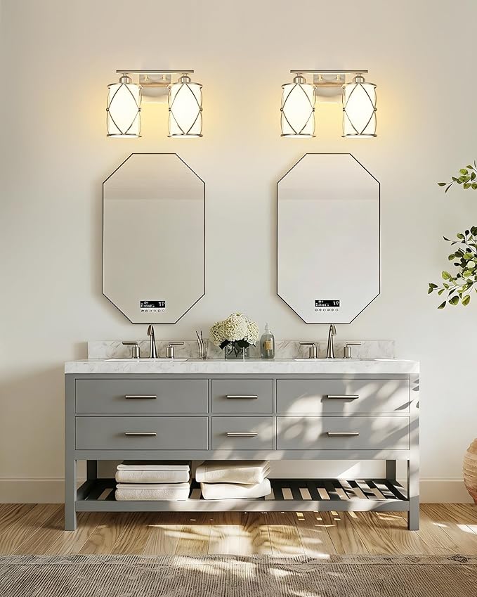 2-Light Brushed Nickel Bathroom Light Fixtures with Milk Frosted Glass, 13" Modern Bathroom Vanity Lighting Fixtures Over Mirror with Metal Cage, Wall Sconce Light for Bath, E26, CH9176BNW-2W