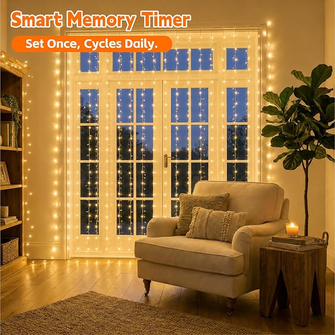 Curtain Light for Bedroom, 200LED 6.6x6.6ft Warm White Window Wall Hanging Fairy Curtain String Light, 8 Modes Remote Fairy String Lights Indoor for Wedding Party Home Garden Decorations