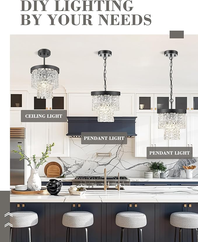 10" Water Ripple Pendant Lights, 2-Tier Modern Pendant Lights Kitchen Island, Black Hanging lamp, Chandeliers for Dining Room Kitchen Island Bedroom Entryway, CC4848-1P-BK