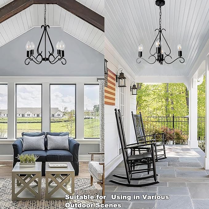 TWINKVILLA Solar Chandelier Outdoor, 4-Lights 23" Rustic Farmhouse Industrial Iron Chandeliers Waterproof Dimmable Hanging Pendant Lights for Gazebo, Pergola, Canopy, Tent Decor
