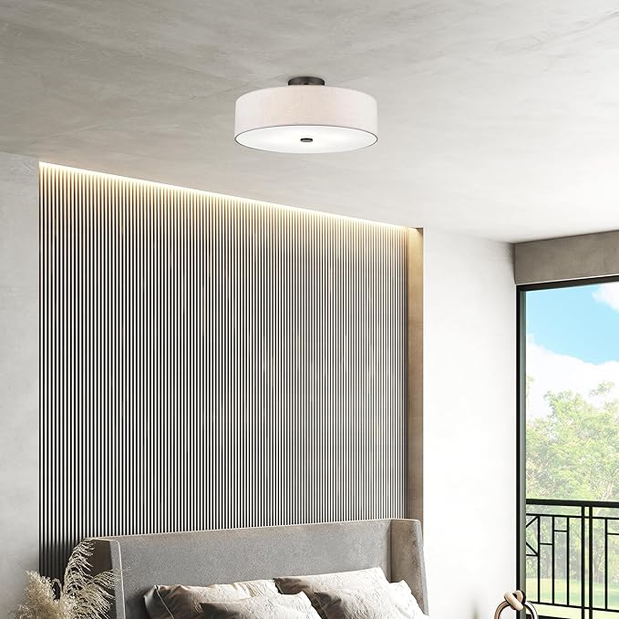 Livex Lighting 52136-92 Meridian Collection 4-Light Transitional Ceiling Mount Fixture with Oatmeal Color Fabric Hardback Shade, English Bronze