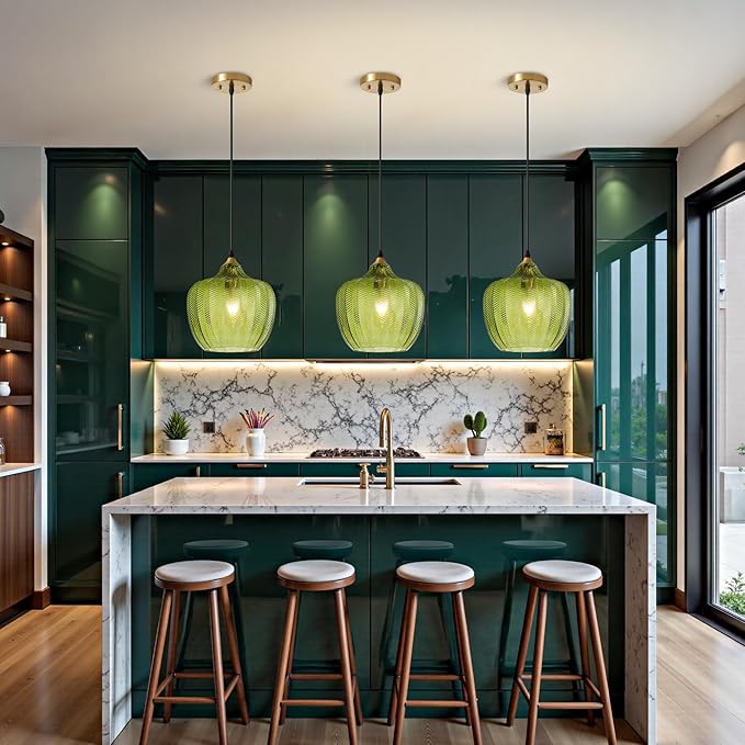 Modern Gold Pendant Light, Green Glass Farmhouse Kitchen Island Pendant Light Fixture Adjustable Vintage Hanging Ceiling Light for Dining Room Corridor 9.45 inch 1 Pack, UL Certification