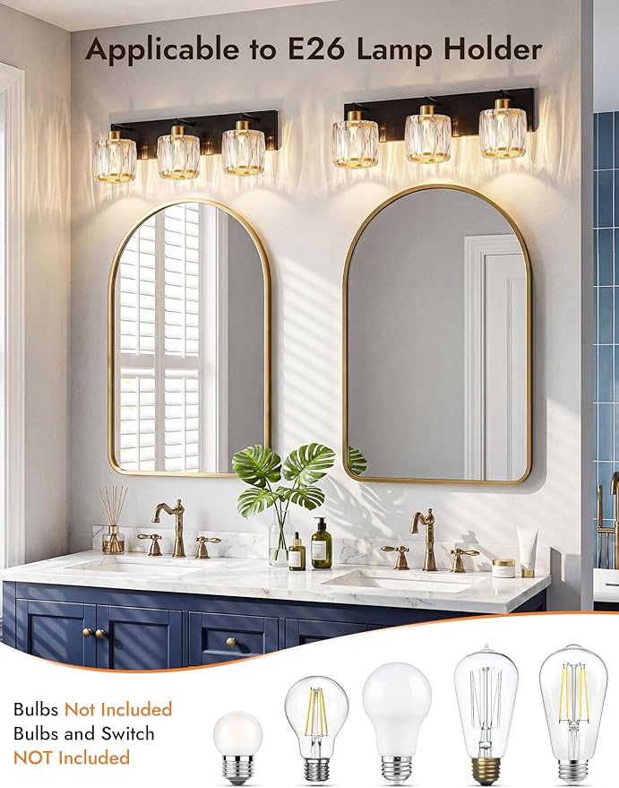 VOLISUN Crystal Vanity Lights for Bathrooms, 3 Light Bathroom Vanity Light, Black and Gold Bathroom Light Over Mirror, Modern Bathrooms Lights Fixtures-UL Certificated(Exclude Bulb)
