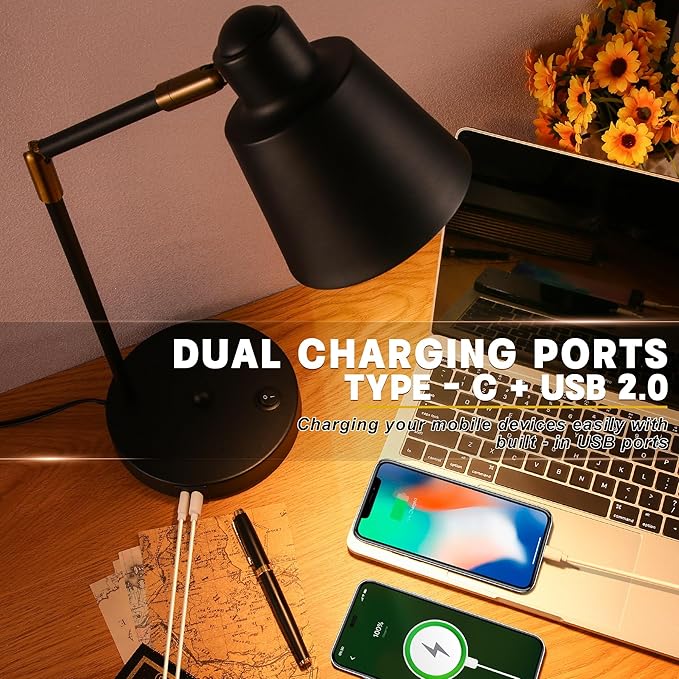 Anxingtools LED Desk Lamp with Dual USB Charging Ports, 100% Metal, 270° Swivel Arms, Soft White Light (3000K), Bedside Reading Lamp, Home Office Lamp (Black)