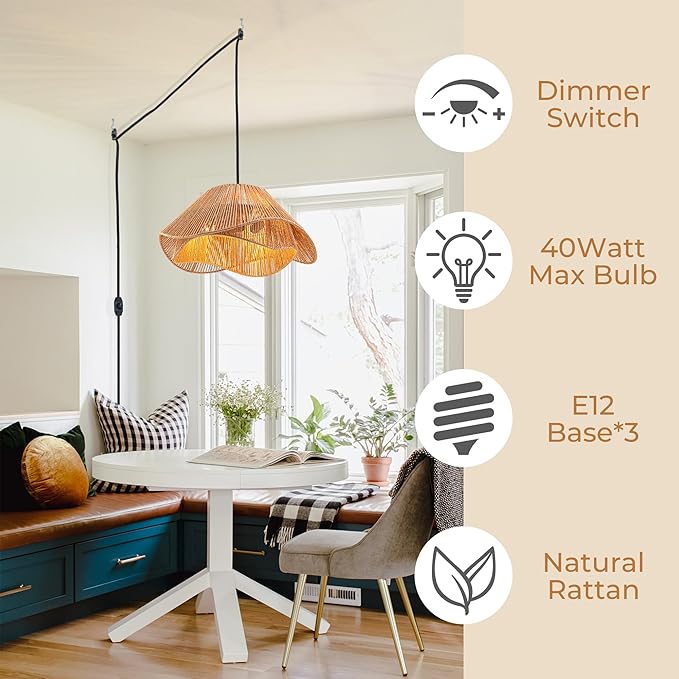 LumStory Rattan Plug in Pendant Light for Ceiling Farmhouse Boho Woven Hanging Lights with Plug in Cord, Rustic Hanging Lamp with Dimmable Switch, Wicker Chandelier for Dining Room, Bedroom, 3-Light